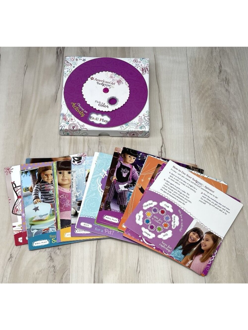 2015 AMERICAN GIRL Truly Me SPINNER  Activity Cards Box Creative Play Games EUC